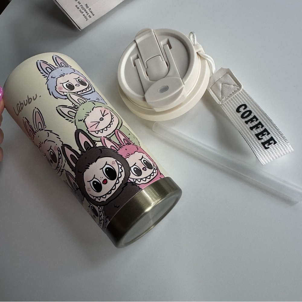 Coffee Travel Mug Cup- Cream Labubu Macaron print with charm - Picture 8 of 9